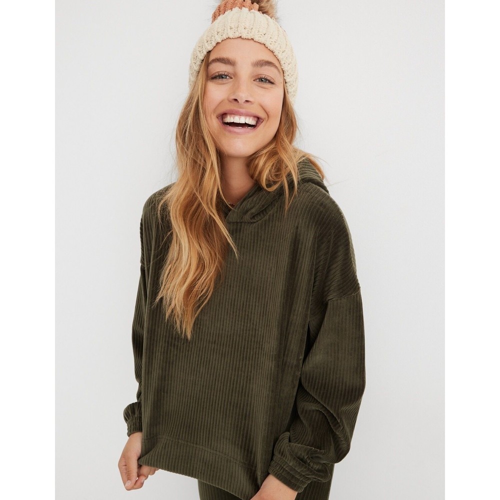 Aerie Groove On Velour Oversized Cropped Hoodie Ribbe… Gem